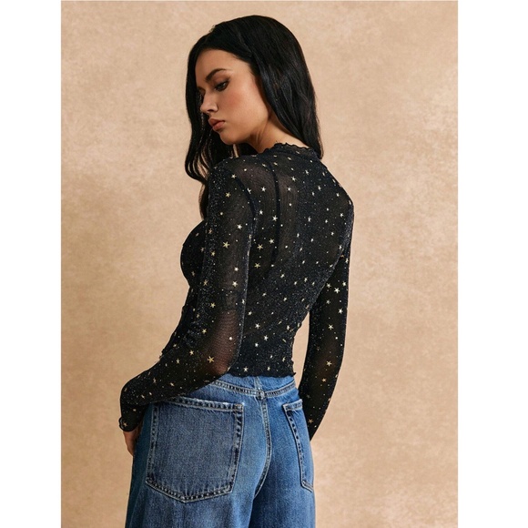 Mesh Black Sheer Long Sleeve Top Gold Stars Lettuce Trim - Picture 6 of 9